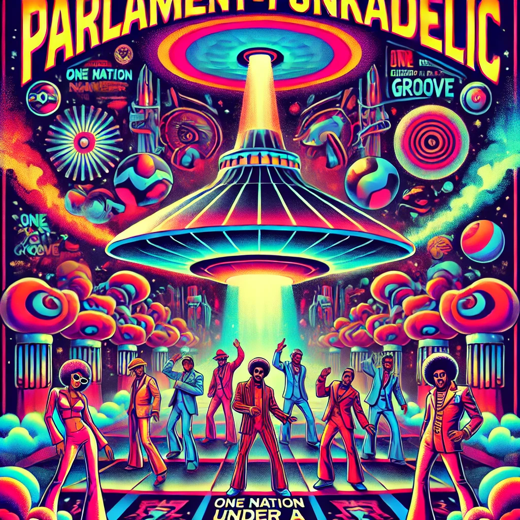 A-vibrant-and-psychedelic-poster-inspired-by-Parliament-Funkadelic.-The-design-features-cosmic-and-intergalactic-elements-such-as-a-glowing-mothership P-Funk Radio