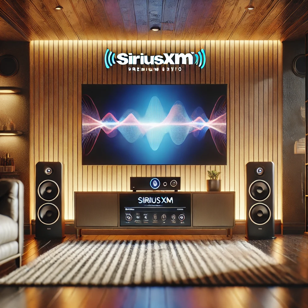 SiriusXM Modern living room with a premium audio system displaying SiriusXM