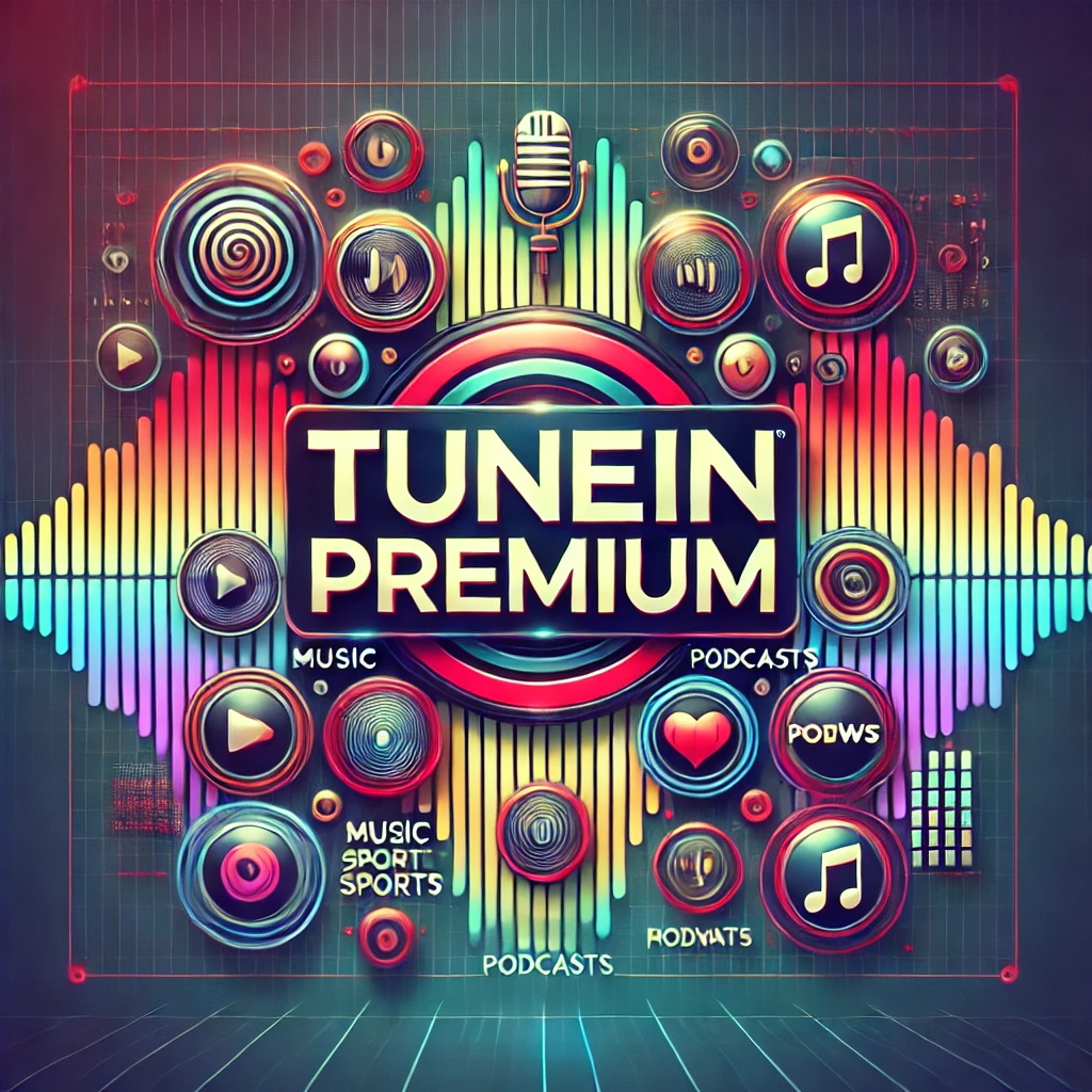 TuneIn Premium-in-bold-futuristic-font.-The-background-showcases-a-blend-of-colorful-sound