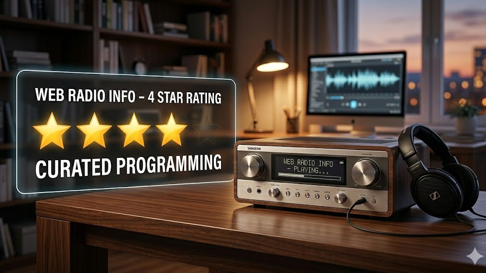 A digital graphic showing four gold stars and one dimmed star with the text "Web Radio Info - 4 Star Rating: Curated Programming." The background features a wooden Sangean tabletop radio and Sennheiser headphones sitting on a desk.