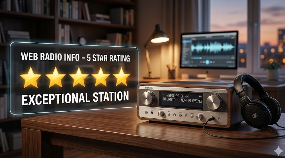 A digital graphic showing five gold stars and the text "Web Radio Info - 5 Star Rating: Exceptional Station." The background features a wooden Sangean tabletop radio and Sennheiser headphones sitting on a desk.