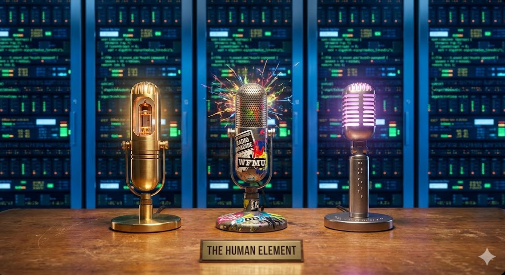 Three distinct broadcasting microphones sit on a wooden desk with a brass plaque reading The Human Element. Behind them are glowing blue computer server racks, contrasting human broadcasting with cold data algorithms.
