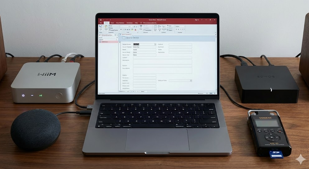 A dedicated audio listening lab setup on a wooden desk. At the center is a laptop displaying a custom Microsoft Access database form for logging radio stations. Surrounding the laptop are a silver WiiM Pro streamer, a black Sonos Port, a spherical charcoal Amazon Echo Dot smart speaker, and a Sangean DAR-101 digital audio recorder with an SD card inserted.