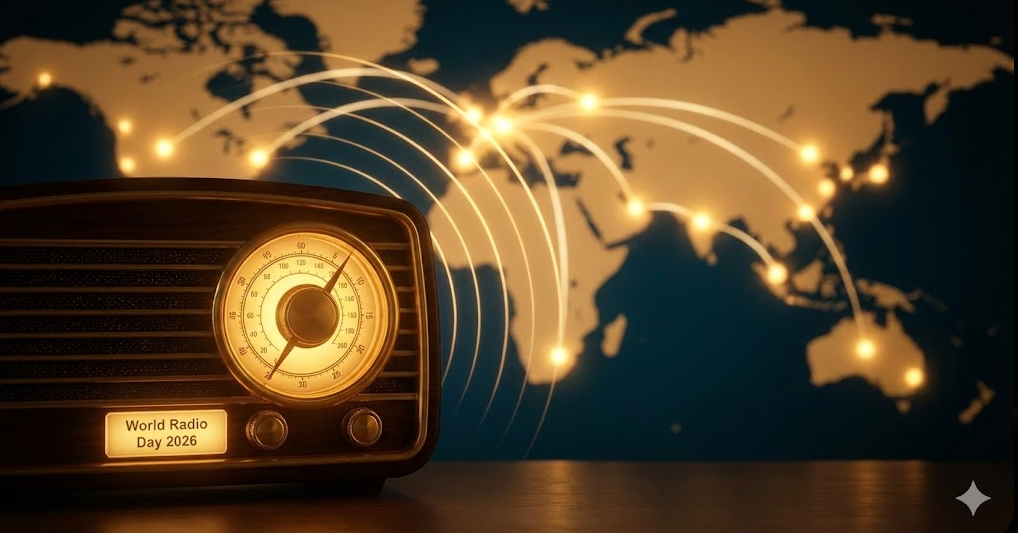 A warm, cinematic illustration of a vintage radio dial glowing in the dark, with a backdrop of a world map connected by glowing lines of light, symbolizing global communication.