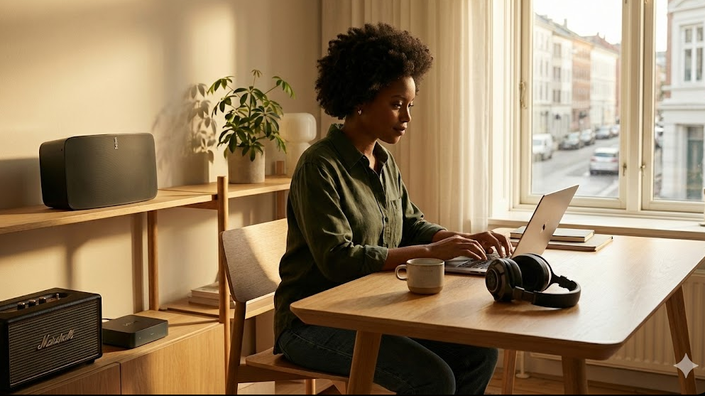 An African American woman working on a laptop in a sunlit home office, focused and calm. A Sonos speaker sits on a shelf behind her, and a pair of audiophile headphones rests on the desk next to a coffee mug.