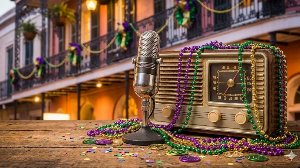 A festive Mardi Gras scene featuring purple, green, and gold beads draped over a vintage microphone and radio equipment, symbolizing a live broadcast from New Orleans.