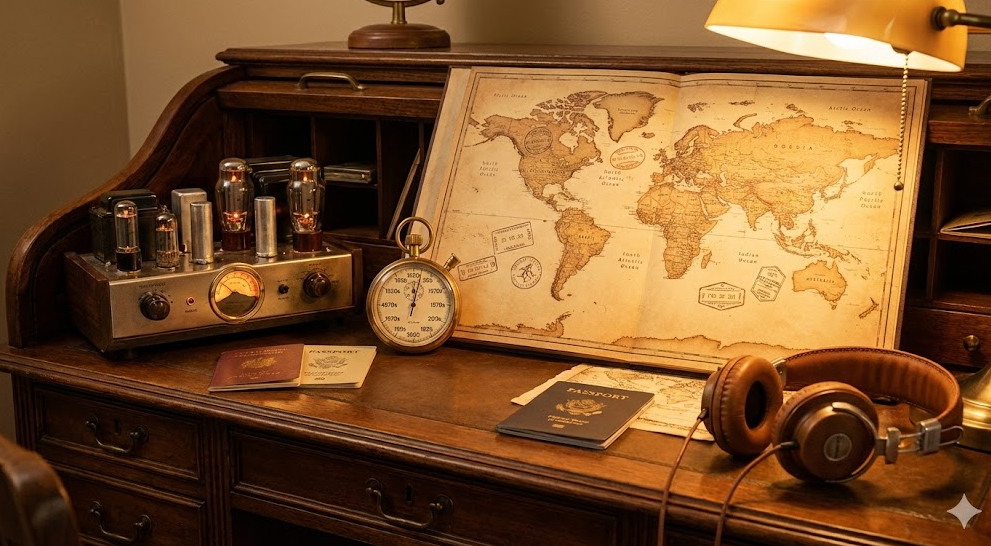 A vintage wooden desk featuring a glowing tube amplifier, a retro world map, an antique stopwatch, and a pair of audiophile headphones, symbolizing musical time travel.