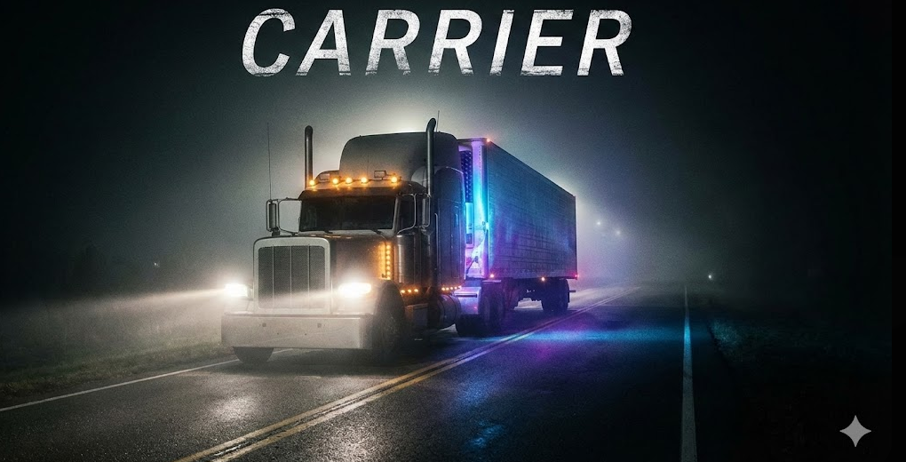 A cinematic, dark image of a semi-truck driving down a lonely highway at night with a mysterious glow coming from the trailer, representing the podcast "Carrier."
