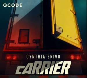 A cinematic, dark image of a semi-truck driving down a lonely highway at night with a mysterious glow coming from the trailer, representing the podcast "Carrier."