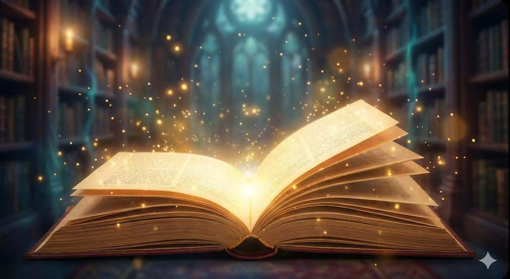 An antique book lies open on a table in a dimly lit, classic library. A brilliant, magical golden light bursts upward from the open pages, sending glowing sparks and floating particles into the air, symbolizing the immersive magic of a great story.