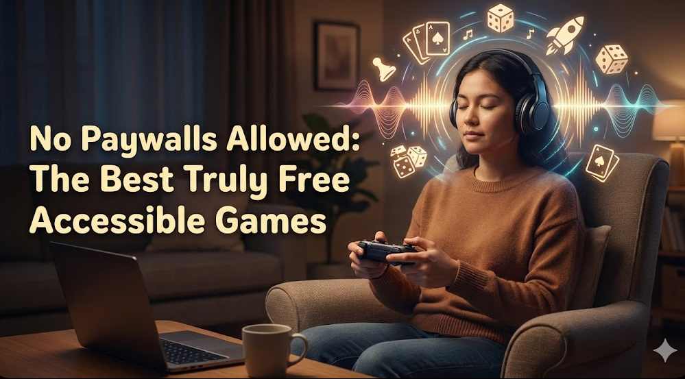 A person sits comfortably in a softly lit living room, wearing over-ear headphones and holding a game controller. Glowing, colorful soundwaves and floating icons of dice, playing cards, and a rocket ship surround their head, visualizing an immersive audio gaming experience. To the left, bold text reads: "No Paywalls Allowed: The Best Truly Free Accessible Games".