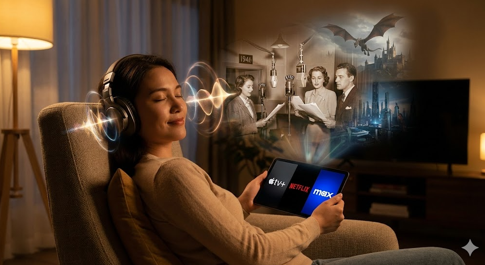A woman sits in a softly lit living room with her eyes closed, wearing over-ear headphones and smiling. She holds a tablet displaying the logos for Apple TV Plus, Netflix, and Max. Glowing soundwaves connect the tablet to her headphones. Above the tablet, a brilliant projection illustrates the "Theatre of the Mind," blending classic 1940s radio actors speaking into vintage microphones with a futuristic sci-fi city and a fantasy castle with a flying dragon. A turned-off television set sits in the background.