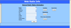 A screenshot of a custom Microsoft Access database form used to log radio stations, with fields for Source Device, Audio Quality, and Content Description.
