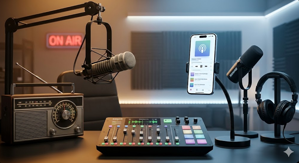 A side-by-side comparison on a studio desk showing a vintage wooden AM/FM radio on the left and a modern smartphone podcasting setup with a digital mixing board and microphone on the right, representing the evolution of broadcasting.