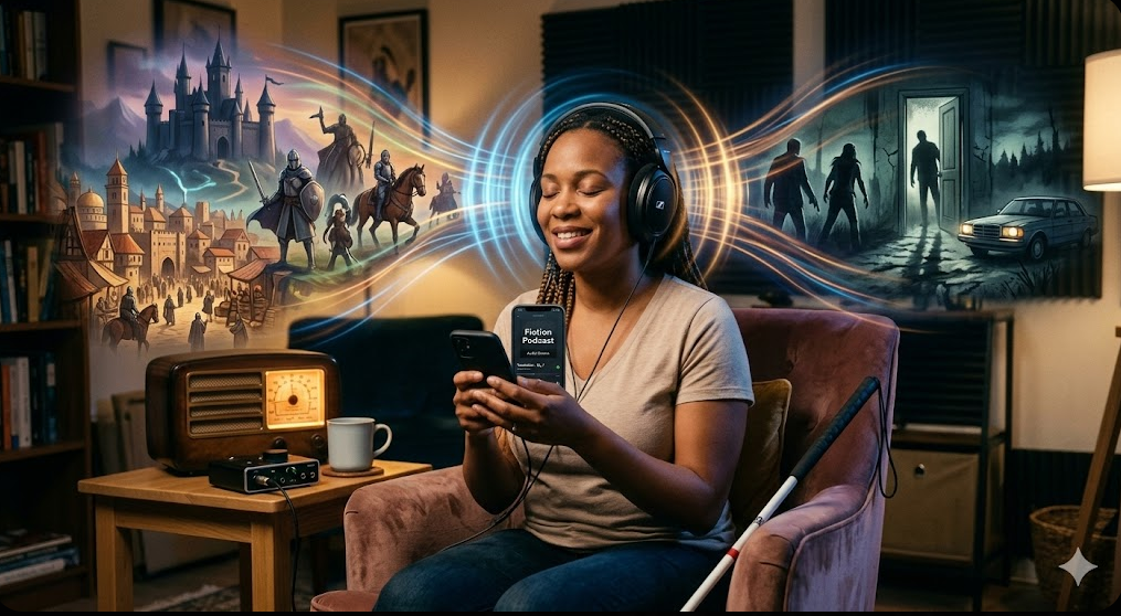 A blind Black woman smiles while listening to headphones, with a vivid artistic projection of knights and a castle on her left and a mystery thriller scene on her right, representing her imagination.