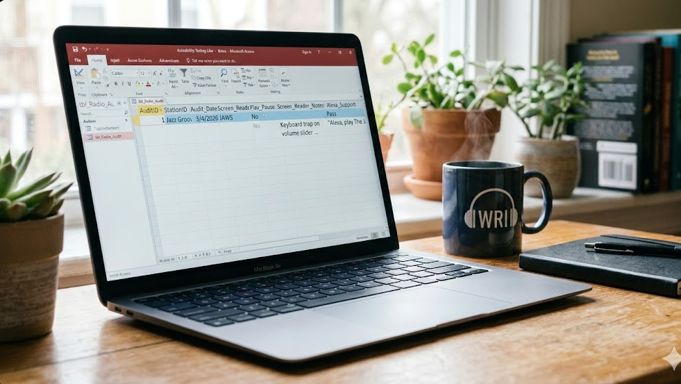 A laptop open on a wooden desk displaying a Microsoft Access database spreadsheet for an accessibility audit. Beside the laptop is a steaming blue coffee mug with a white WRI headphone logo, a black notebook with a pen, and small potted plants next to a bright window.