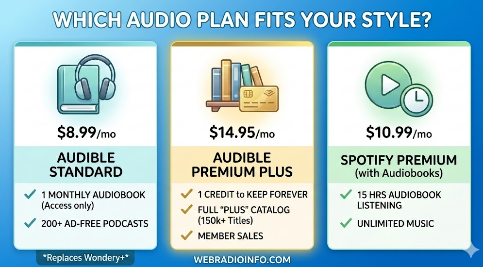 A clean, three-column infographic comparing digital audio plans on a blue gradient background. The left column for Audible Standard at $8.99 per month shows a book and headphones icon, listing one monthly audiobook with access-only and over 200 ad-free podcasts. The middle column for Audible Premium Plus at $14.95 per month shows a bookshelf and credit card icon, listing one credit to keep forever, the full Plus Catalog, and member sales. The right column for Spotify Premium at $10.99 per month shows a play button and clock icon, listing 15 hours of audiobook listening and unlimited music. The bottom includes the text WebRadioInfo.com and a note that Audible Standard replaces Wondery Plus.