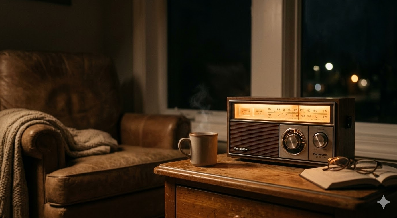 A close-up of a vintage analog radio dial glowing with a warm, amber light in a dark, cozy room.