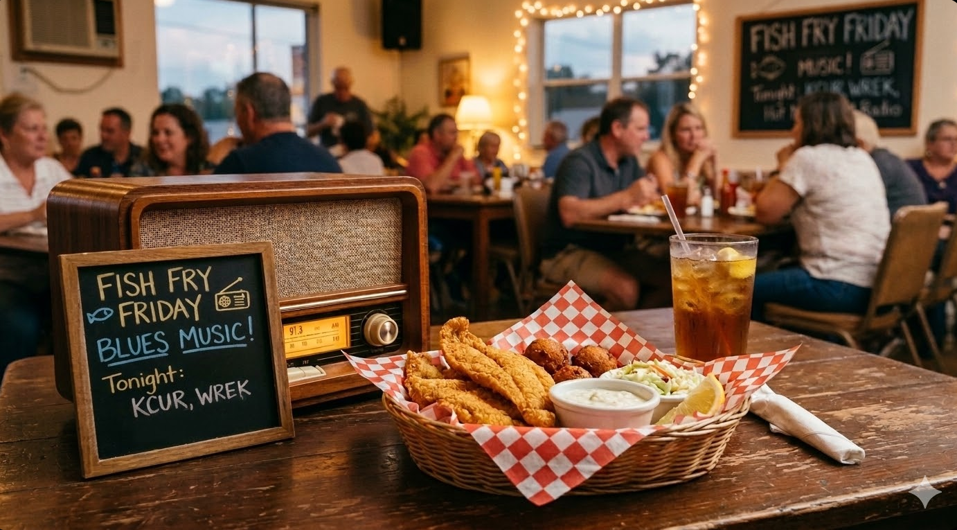 A vintage wooden analog radio sitting on a rustic dining table next to a basket of crispy fried fish, hushpuppies, and a cold glass of iced tea under warm, inviting lighting.