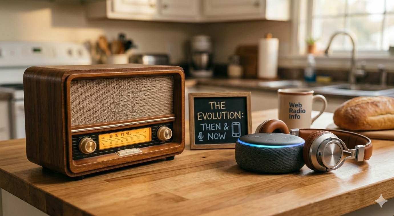 A modern Amazon Echo Dot smart speaker glowing blue sits on a kitchen counter next to a classic wooden analog table radio. Between them is a small chalkboard sign that reads, "The Evolution: Then & Now."