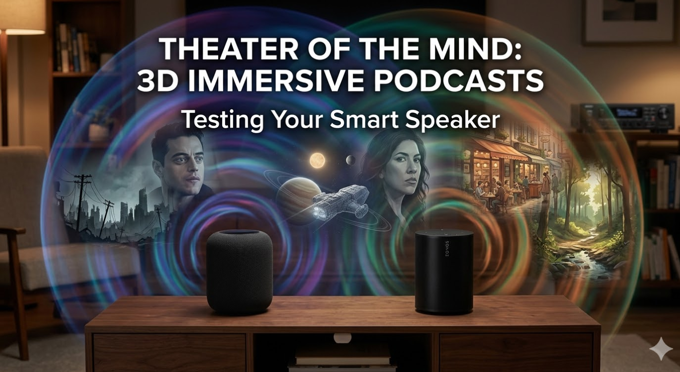 A close-up photograph of an Apple HomePod and a Sonos Era 100 sitting side-by-side on a wooden media console in a warm living room. A dynamic, colorful sound ripple visualizes immersive 3D audio, enveloping both speakers in deep blue, purple, and orange light. Clean white text at the top center reads: "THEATER OF THE MIND: 3D IMMERSIVE PODCASTS." Below it, smaller text reads: "Testing Your Smart Speaker." Inside the sound ripples, faint, translucent illustrations are visible: a shadowy apocalypse cityscape (left), a futuristic spaceship (center), and a tranquil forest stream (right).