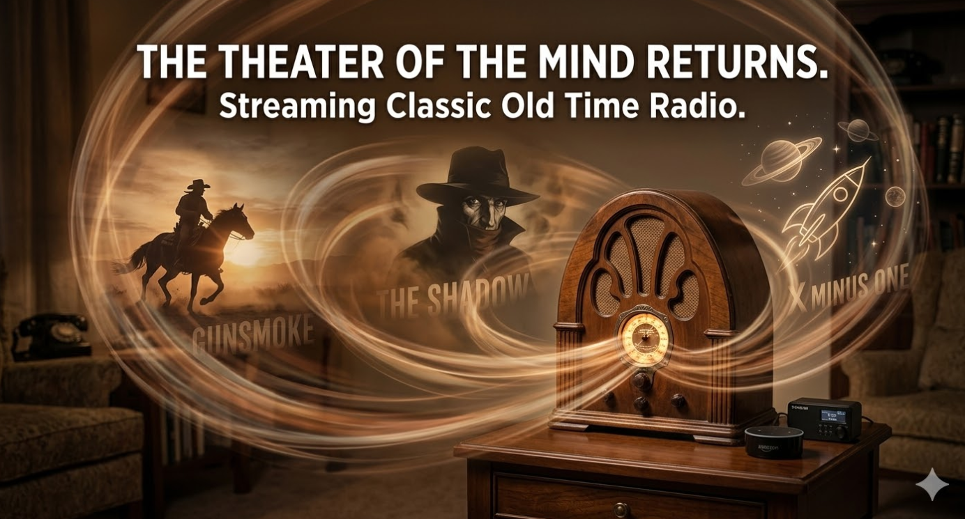 A cozy living room setting featuring a classic, 1930s style wooden cathedral radio sitting on a wooden end table next to an Amazon Echo Dot and a modern, compact digital receiver. Swirling golden ribbons of light pour out of the vintage radio and fill the room. Within these glowing sound waves are faint sketches representing classic shows: a cowboy riding a horse on the left, a mysterious shadowy figure in a wide brimmed hat in the center, and a retro rocket ship flying past planets on the right. Bold white text at the top reads: "THEATER OF THE MIND RETURNS. Streaming Classic Old Time Radio." Faint text labels for Gunsmoke, The Shadow, and X Minus One float near their respective illustrations.