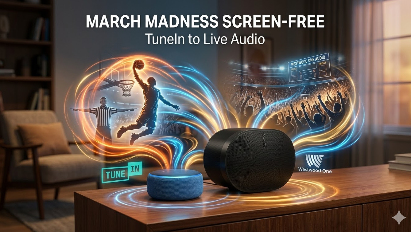 A close-up photograph of a blue Amazon Echo Dot and a black Sonos speaker sitting side-by-side on a wooden cabinet in a cozy living room. Swirling, glowing sound waves in vibrant orange, electric blue, and gold rise dynamicly from both speakers, filling the air. Translucent, ghostly illustrations of a basketball player executing a powerful dunk, a cheering arena crowd, and a referee are seamlessly integrated within these sound waves. Logos for TuneIn and Westwood One are woven into the base of the sound formations. Text at the top center reads "MARCH MADNESS SCREEN-FREE" in large bold white caps, with "TuneIn to Live Audio" just below it.