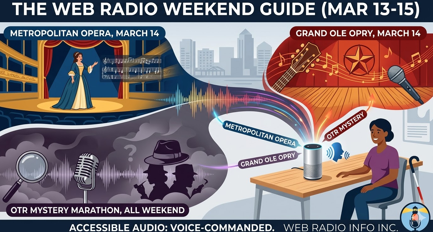 An illustration of a visually impaired person sitting at a desk with a white cane, using a smart speaker. Colorful sound waves connect the speaker to three scenes representing weekend radio events: a woman singing on the Metropolitan Opera stage, an acoustic guitar and microphone on the Grand Ole Opry stage, and silhouettes of detectives for an Old Time Radio mystery marathon. Text reads: The Web Radio Weekend Guide (Mar 13-15). Accessible Audio: Voice-Commanded. Web Radio Info Inc.
