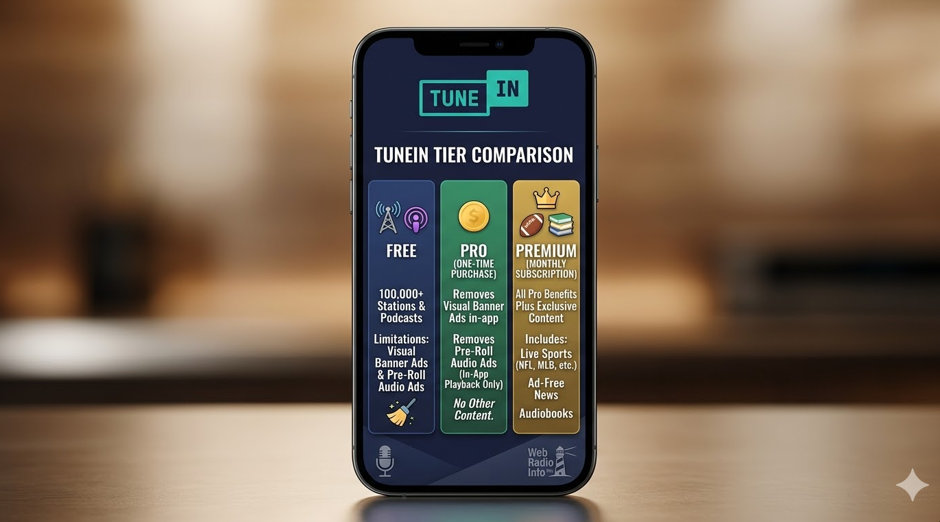 A smartphone stands vertically on a desk against a softly blurred background. The phone screen displays an infographic titled "TUNEIN TIER COMPARISON" broken into three columns. The left column, "FREE," features radio and podcast icons, listing "100,000+ Stations & Podcasts" with the limitations: "Visual Banner Ads & Pre-Roll Audio Ads." The middle column, "PRO (ONE-TIME PURCHASE)," features a gold coin icon, stating it "Removes Visual Banner Ads in-app" and "Removes Pre-Roll Audio Ads (In-App Playback Only)," with "No Other Content." The right column, "PREMIUM (MONTHLY SUBSCRIPTION)," features a crown, football, and books, stating it includes "All Pro Benefits Plus Exclusive Content," specifically "Live Sports, Ad-Free News, Audiobooks." At the bottom of the screen is the Web Radio Info lighthouse logo.