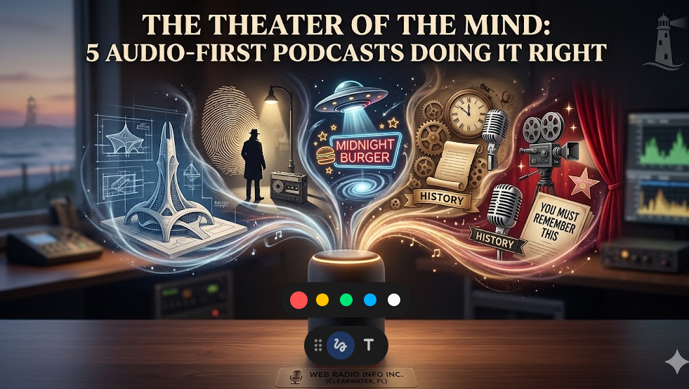 A conceptual photograph of a glowing black cylindrical smart speaker sitting on a wooden desk in a modern audio testing lab. Five distinct, glowing illustrated vignettes are emanating from the top of the speaker, swirling upwards like smoke and manifesting into separate scenes. From top-left, going clockwise, these scenes represent the 'Theater of the Mind' for specific podcast genres: Futuristic architectural schematic drawings on blueprint paper. A silhouetted detective figure standing under a streetlamp. A flying saucer, a glowing vortex, and a neon sign that reads 'MIDNIGHT BURGER'. Vintage clock gears, a parchment scroll, and old-style broadcast microphones marked with 'HISTORY' banners. A classic Hollywood movie camera with sparkling stars, a red velvet curtain, and a script titled 'YOU MUST REMEMBER THIS'. In the background, a large window looks out over the Clearwater, FL coastline and a distant lighthouse at twilight. Audio waveforms are visible on a blurred monitor to the right. Text at the top of the image reads: "THE THEATER OF THE MIND: 5 AUDIO-FIRST PODCASTS DOING IT RIGHT."