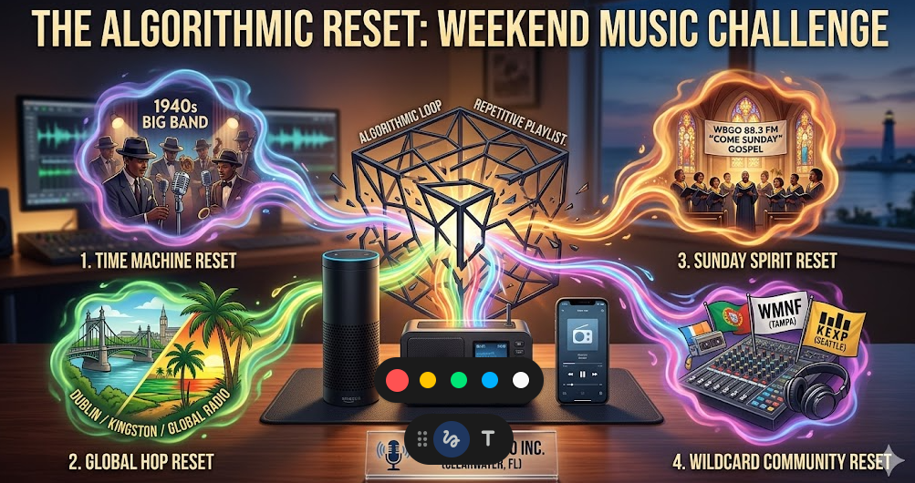 A conceptual photograph mixed with vibrant illustration. The center of the image shows three audio devices sitting on a polished dark wood desk in an audio testing lab: a contemporary black cylindrical smart speaker, a specialized tactile Wi-Fi internet radio with physical knobs and buttons, and a smartphone displaying a radio app. From these devices, a powerful burst of glowing light and sound waves erupts, dramatically "shattering" a dark, rigid, geometric wireframe structure labeled "ALGORITHMIC LOOP" and "REPETITIVE PLAYLIST." From this shattered center, four distinct, colorful, glowing vignettes ("portals") swirl outward, representing different ways to discover new music. Starting at the top-left and moving clockwise: "TIME MACHINE RESET": A vignette with a 1940s jazz club atmosphere, featuring musicians with fedoras, vintage microphones, and big band instruments. Text: "1940s BIG BAND." "SUNDAY SPIRIT RESET": A warm vignette showing a church interior with glowing stained glass and a full choir singing. A large banner prominently reads: "WBGO 88.3 FM 'COME SUNDAY' GOSPEL." "GLOBAL HOP RESET": A cool-toned vignette illustrating Dublin (with a bridge over the Liffey river and a green landscape) and Kingston (with palm trees and a reggae vibe). Text: "DUBLIN / KINGSTON / GLOBAL RADIO." "WILDCARD COMMUNITY RESET": A dynamic vignette featuring an eclectic mixing board, headphones, and colorful logos for two stations: "WMNF (TAMPA)" and "KEXP (SEATTLE)." Text at the very top of the image reads: "THE ALGORITHMIC RESET: WEEKEND MUSIC CHALLENGE." Below the devices on the desk, a small plaque shows the Web Radio Info Inc. microphone-and-lighthouse logo and "WEB RADIO INFO INC. (CLEARWATER, FL)." The background shows softly lit lab equipment and a window looking out over the Clearwater coastline and a lighthouse at dusk. The overall atmosphere is energetic, inspiring, and celebratory of discovery and accessibility.