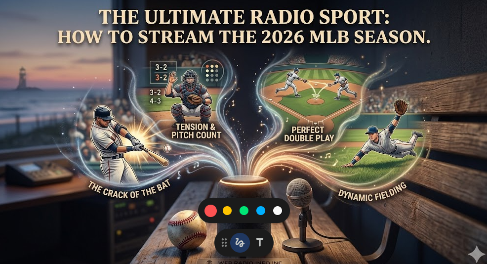 A conceptual photograph on a weathered dugout bench in an audio testing lab at twilight. A black cylindrical smart speaker, its top ring glowing warm amber, sits next to a vintage baseball and a ballpark microphone. Flowing, illustrated streams of glowing light and sound waves emanate dramatically upwards and outwards, visually resolving into four distinct conceptual baseball vignettes showcasing the descriptive audio experience: a detailed illustration of a batter connecting with a pitch, a close view of a catcher's signals and a 3-2 pitch count, a perfect 6-4-3 double play turning, and an outfielder making a dynamic diving catch. Large, bold, classic ballpark-style text at the top reads: "THE ULTIMATE RADIO SPORT: HOW TO STREAM THE 2026 MLB SEASON." Below the speaker on the bench, a small etched bronze plaque features the microphone-and-lighthouse logo and "WEB RADIO INFO INC. (CLEARWATER, FL)". The overall atmosphere is intimate and inspiring.