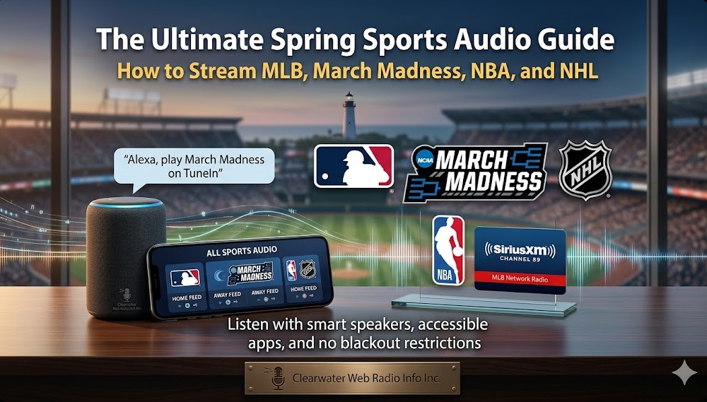 Promo graphic for 'The Ultimate Spring Sports Audio Guide' showing a smart speaker, smartphone, and logos for MLB, March Madness, NBA, and NHL.