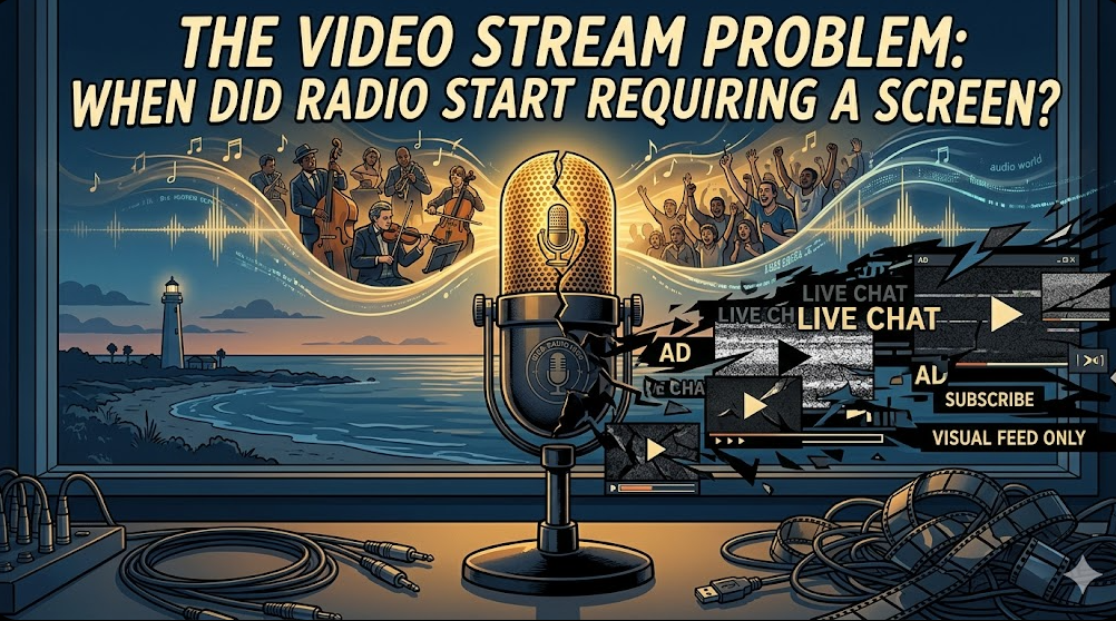 Promo graphic for 'The Video Stream Problem' showing a fractured vintage microphone caught between an inspiring audio waveform and chaotic digital video stream interface fragments