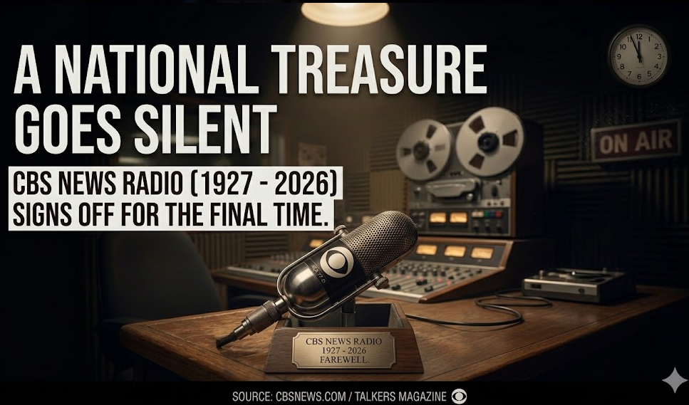 A cinematic photograph of a classic radio control room environment under low-key lighting. In the foreground, a vintage RCA 77-D style ribbon microphone sits on a wooden base with a metal plaque that reads, "CBS NEWS RADIO / 1927 - 2026 / FAREWELL." Bold white headline text in the upper left declares, "A NATIONAL TREASURE GOES SILENT," supported by a text box reading, "CBS NEWS RADIO (1927-2026) SIGNS OFF FOR THE FINAL TIME." Background details include a reel-to-reel tape deck, a large mixing console, acoustic wall panels, an analog wall clock, and a dimly lit "ON AIR" sign. A small footer cites the source as CBSNEWS.COM and TALKERS MAGAZINE.