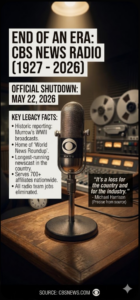A vertically oriented infographic image superimposed over a detailed, dimly lit photograph of a photorealistic vintage radio control room featuring reel-to-reel tape decks, an analog console, and a solitary CBS-branded classic silver microphone under a spotlight. Multiple clear text boxes synthesize the shutdown news details. The top headline block declares: "END OF AN ERA: CBS NEWS RADIO (1927 - 2026)". A separate date box specifies: "OFFICIAL SHUTDOWN: MAY 22, 2026". A larger text panel with bullet points summarizes "KEY LEGACY FACTS": "Historic reporting: Murrow’s WWII broadcasts", "Home of ‘World News Roundup’", "Longest-running newscast in the country", "Serves 700+ affiliates nationwide", and "All radio team jobs eliminated". Separate text provided in a dark panel adds an industry quote from Michael Harrison (Talkers magazine): "It's a loss for the country and for the industry." (Precise from source). A source footer is centered at the very bottom reading "SOURCE: CBSNEWS.COM" with the CBS Eye logo.