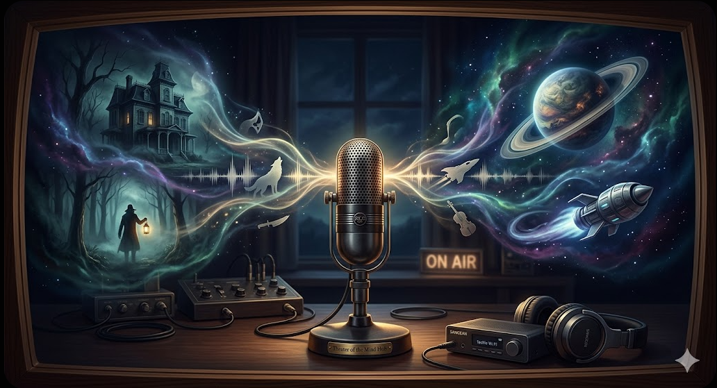 An immersive conceptual illustration where a central vintage studio microphone is casting out swirling cosmic energy and detailed visualizations of 'Theater of the Mind.' On the left are illustrations of a haunted mansion and a wolf. On the right are a ringed planet and a spaceship. The background is a vast nebula. In the foreground are headphones and a Sangean radio receiver.