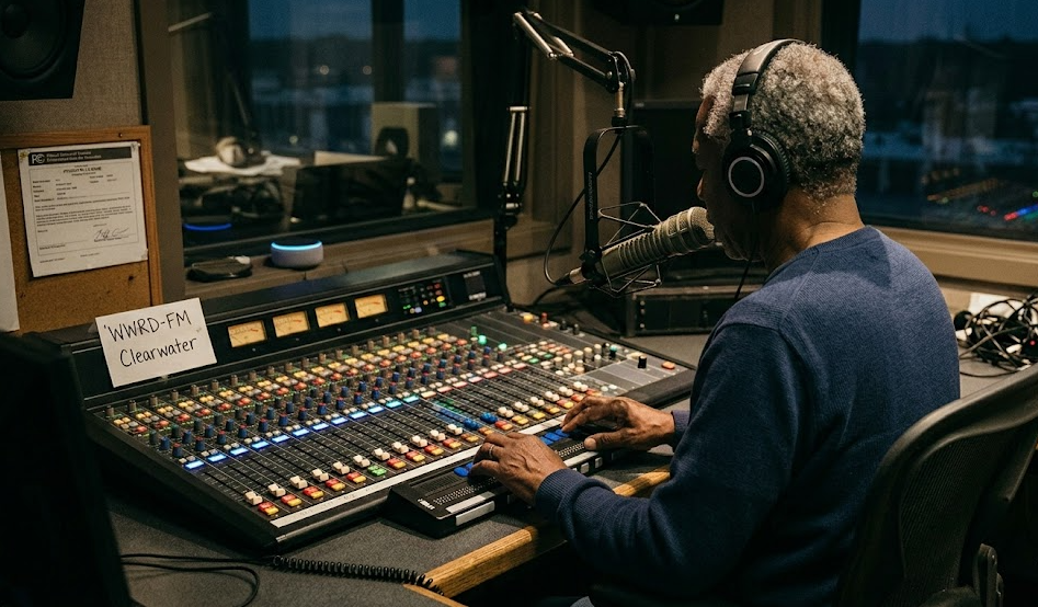 A focused portrait of an African American blind DJ in a radio studio at WWRD-FM Clearwater. He wears headphones and uses a refreshable braille display on a large, illuminated mixing console while broadcasting into a professional microphone.