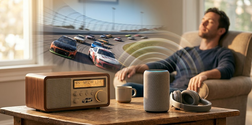 A man relaxing with his eyes closed in a living room armchair, listening to a cylindrical smart speaker and a wooden tabletop radio resting on a coffee table. Above the devices, a vibrant, semi-transparent projection shows a pack of NASCAR stock cars racing around a banked concrete track, visualizing the immersive audio experience.