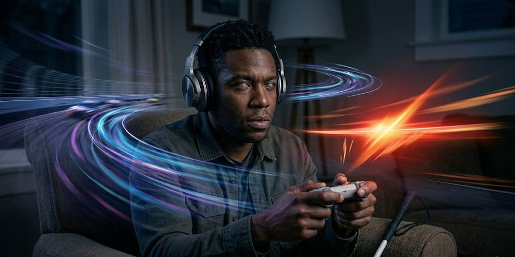 A blind African American man sits in a dimly lit room, holding a video game controller and wearing large over-ear headphones. A white mobility cane rests against his leg. He has an intense expression of concentration. Glowing, colorful streaks of light in blue and bright orange swirl rapidly around his head and headphones, visually representing the fast-paced, directional audio cues he is using to play the game.