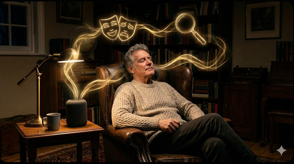 A realistic photograph of a mature man in his 60s relaxing with his eyes closed in a leather wingback chair. He is in a cozy, dimly lit study. On a wooden side table next to him, a modern smart speaker emits glowing golden soundwaves that float through the air, elegantly forming the faint shapes of a magnifying glass and a theatrical drama mask. The scene represents the immersive power of audio storytelling without the need for screens.