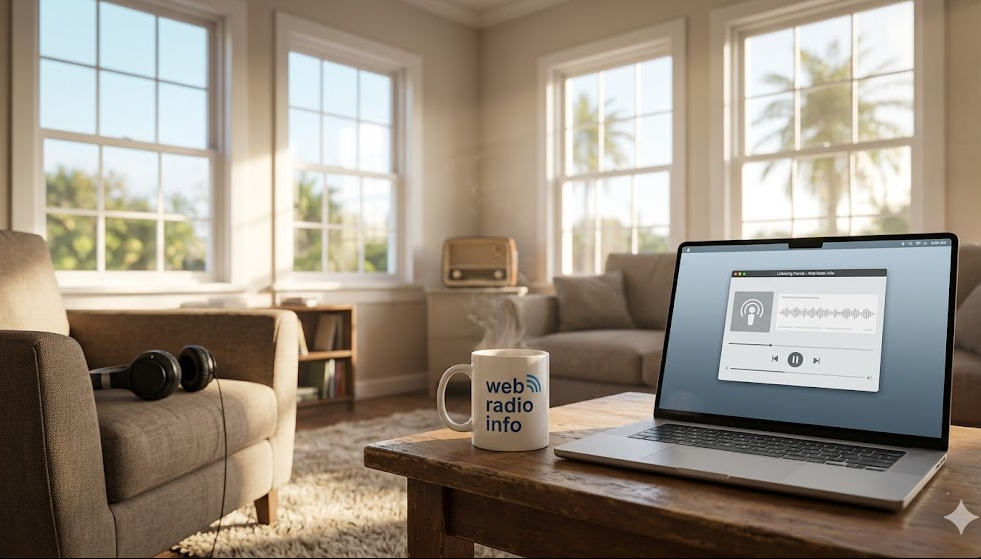 A cozy living room lit by warm morning sunlight shining through large windows. On a wooden coffee table in the foreground sits an open laptop displaying a playing audio track, right next to a steaming white coffee mug featuring the blue Web Radio Info logo. In the background, a pair of black over-ear headphones rests comfortably on an armchair, setting a relaxing scene for morning listening.