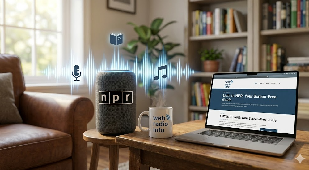 A photographic depiction of a living room setting with a wooden coffee table. On the table, a cylindrical smart speaker displays the NPR logo. Glowing blue sound waves and icons representing a microphone, an open book, and a musical note float above the speaker. Next to it is a coffee mug with "web radio info" text. To the right is an open laptop displaying the "web radio info" website with the main headline "Listen to NPR: Your Screen-Free Guide" and lists of specific shows like Morning Edition, All Things Considered, and Fresh Air. A leather armchair, a large window, and extensive bookshelves are in the background.