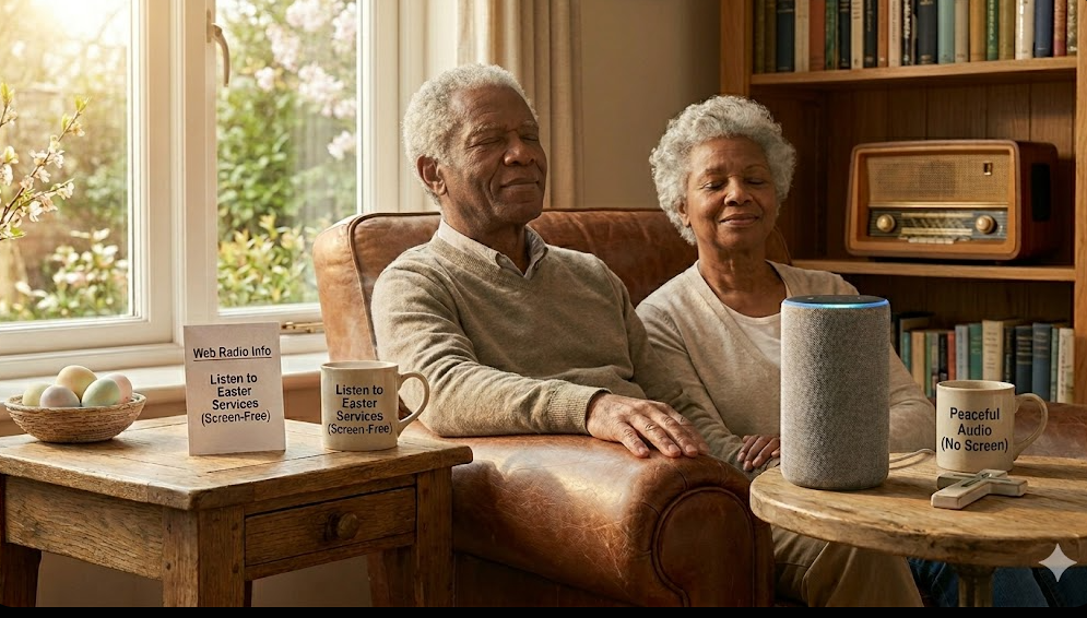 An older Black couple sits together comfortably in a brown leather armchair in a sunlit living room, their eyes closed in peaceful reflection as they listen to a cylindrical smart speaker. On a small wooden table to the left rests a bowl of pastel Easter eggs, alongside a sign and a coffee mug that both read, "Web Radio Info Listen to Easter Services (Screen-Free)." On the right side table next to the speaker is a small wooden cross and another mug reading, "Peaceful Audio (No Screen)." A vintage tabletop radio sits on a bookshelf in the background.