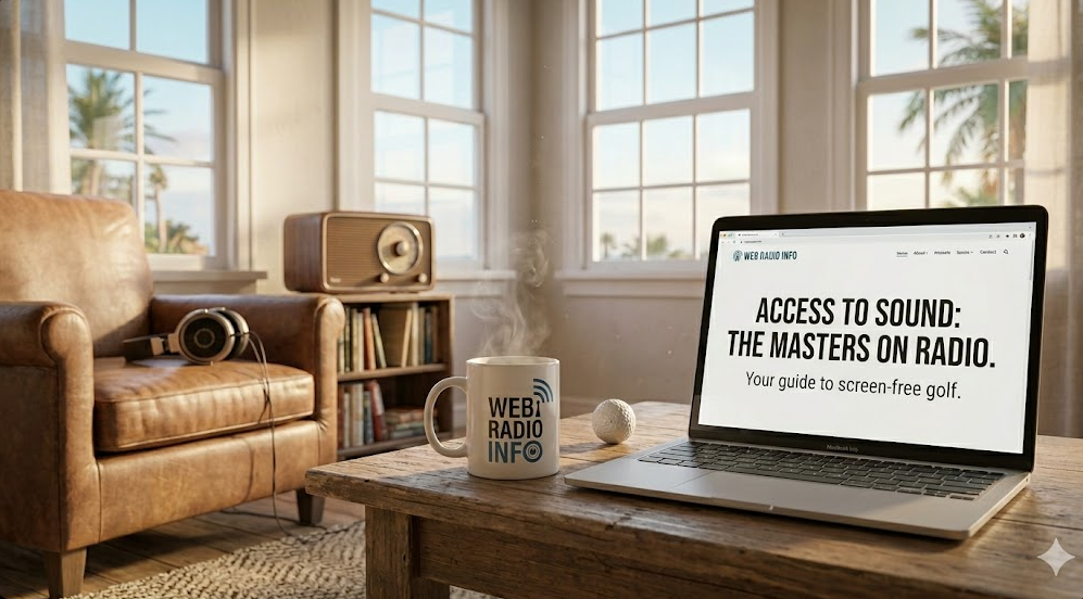 A detailed photograph of a sun-drenched, tropical-style living room interior. On the left, a brown leather armchair holds over-ear headphones. Behind it is a vintage tabletop radio and a bookshelf, with multiple multi-pane windows showing sunny views of palm trees and general foliage. In the foreground on a rustic wooden coffee table are a steaming white coffee mug with the text "WEB RADIO INFO" and an antenna icon, a single golf ball, and an open silver laptop displaying a website for "WEB RADIO INFO" with the headlines: "ACCESS TO SOUND: THE MASTERS Tournament ON RADIO." and "Your guide to screen-free golf." A woven rug is on the wooden floor.