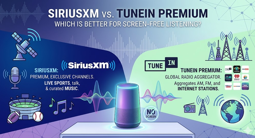 An infographic comparing SiriusXM and TuneIn Premium for screen-free listening. A smart speaker sits in the center. The left side highlights SiriusXM's premium, exclusive channels and live sports, while the right side highlights TuneIn Premium's global aggregation of AM, FM, and internet radio stations.