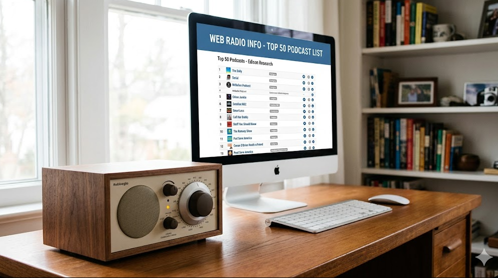 A vintage style wooden radio sits on a desk next to a computer monitor. The monitor displays a webpage titled Web Radio Info Top 50 Podcast List alongside a ranked list of shows.