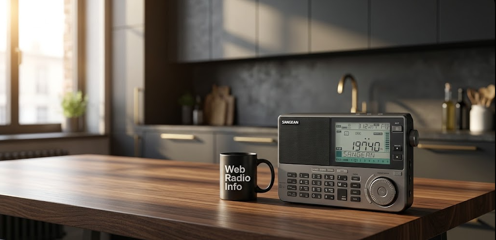 A photorealistic image of a sleek, dark-walnut kitchen table. Resting on the table is a premium multi-band radio with a tactile tuning dial, sitting next to a black ceramic coffee mug featuring the Web Radio Info logo.