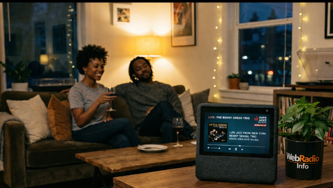 A middle-aged Black man and woman are sitting on a couch in a living room, each holding a glass of wine. The woman is smiling, and the man is relaxed, eyes closed. On the table in front of them is a tablet displaying "LIFE JAZZ FROM NEW YORK BENNY SENDELL TRIO" and an album cover. To the right of the tablet is a potted plant in a container with "WebRadio Info" on the side. In the background, there is a bookshelf, potted plants, and windows with fairy lights. The room is warmly lit.
