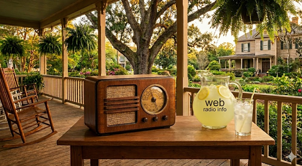 A wide-angle photograph of a spacious Southern-style front porch with a wooden railing and hanging ferns. A large, vintage-style wooden radio sits on a table in the foreground. Next to it are a pitcher and a glass of lemonade, both labeled "web radio info." A large house and gardens are visible in the background under warm, golden-hour light.